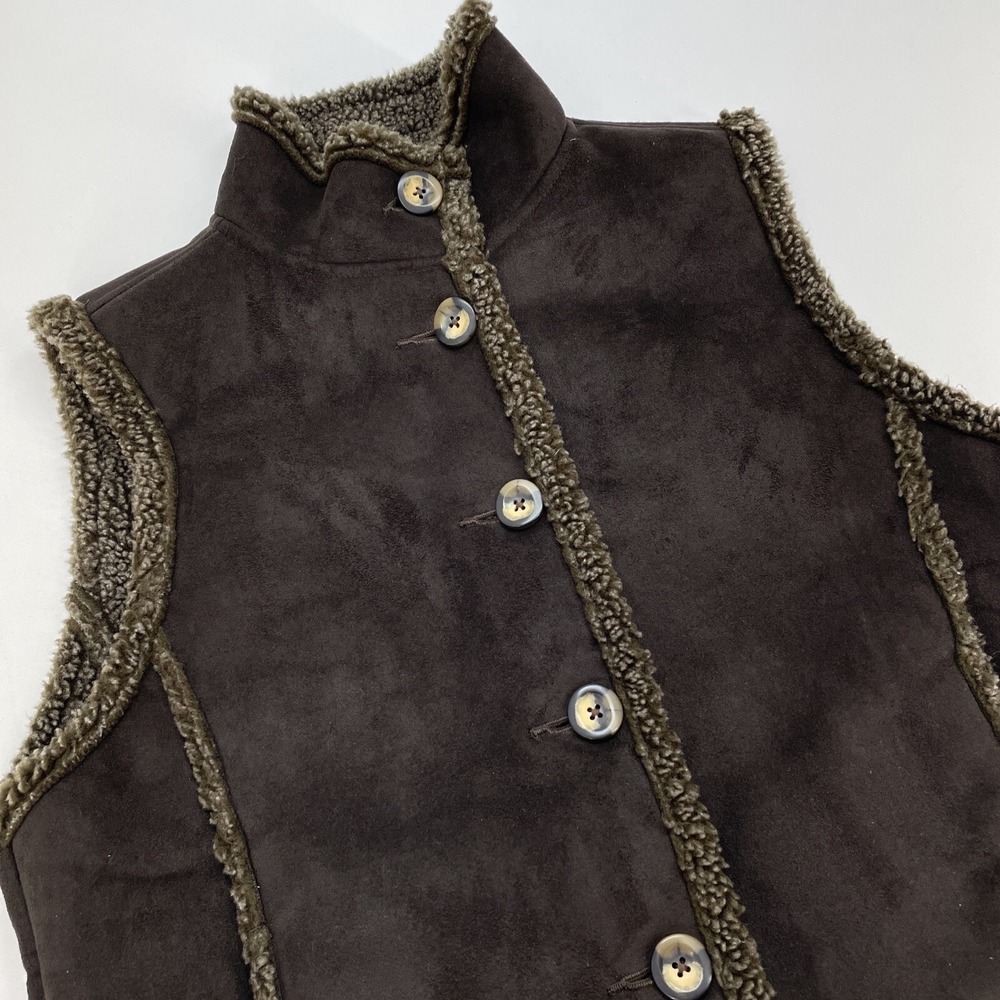 L.L. Bean Button Up Pockets Vest Woman's S Petite Brown Suede Sherpa Faux 0 BCU2
